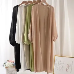 サマーカーディガン レディース 春夏 長袖 ロング丈 前開き トッパーカーディガン ボリューム袖 ポリエステル 薄手 シンプル 大人 黒