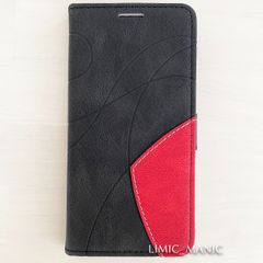 iPhone 14 / 13 ケース スマホ 手帳型 カードケース ツートンカラー 裏止め 曲線模様 幾何学 ブラック 黒 黒色 アイフォン