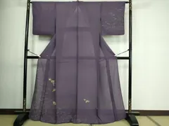 D391 夏着物 訪問着 縦絽 荒波 菊 紫 正絹 極美品 D391 夏着物 訪問着