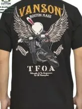 綿100% 6.35オンス スーパーお得「VANSON」バイクTシャツ（男女兼用）｜BOSTON MASSロゴ×翼のライダー 黒地ゴールドのサムネイル