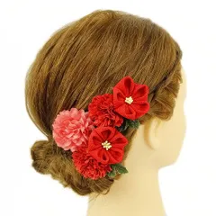 髪飾り 成人式 つまみ細工 赤 振袖 前撮り 袴 浴衣 夏祭り 花火大会 豪華3点セット ちりめん ヘアアクセ 新作 かんざし ヘッド No.9-3618