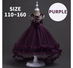 子どもドレス パープル 膝丈 ノースリーブ フィッシュテール 花モチーフ ゴールド 刺繍 キッズ 発表会 演奏会 誕生日 衣装 プレゼント 110 120 130 140 150 160