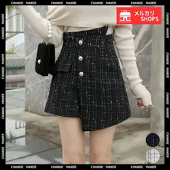 【送料無料】ツイードショートパンツ ラップスカート風 チェックパンツ レディース きれいめ アシンメトリー スカンツ ハイウエスト フロントボタン キュロットパンツ 美脚 脚長 短パン ハーフパンツ キュロットスカート 新品 未使用 CH97KZ-005