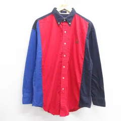 XL/古着 ラルフローレン チャップス 長袖 ブランド シャツ メンズ 80s ワンポイントロゴ マルチカラー ロング丈 コットン ボタンダウン 赤