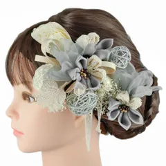 髪飾り 成人式 つまみ細工 振袖 前撮り 袴 リボン 花 3点セット グレー 灰色 ブルーグレー 白 クリーム色 ゴールド 玉飾り 組 No.9-5252