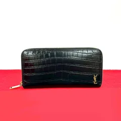 極 美品 SAINT LAURENT PARIS サンローランパリ YSL ロゴ 金具 クロコ型押し レザー ラウンドファスナー 長財布 ウォレット ブラック 78079