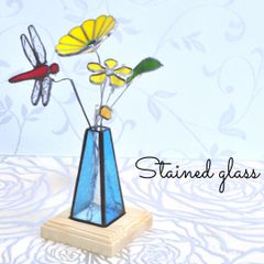 新作ステンドグラス一輪挿しお花シリーズ3トンボお花、トンボ、花瓶、花台、セッガラスインテリア秋