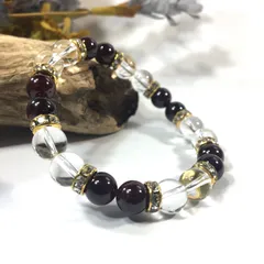 水晶&ガーネット　パワーストーン ブレスレット 天然石 (ゴールド) 8mm レディース  ●