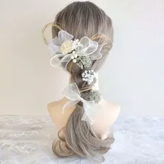 髪飾り ヘッドドレス＊結婚式 成人式 卒業式 和装 打掛 振袖 袴~ソラダリア リボン チュール パール 水引~グレー 灰色 12本