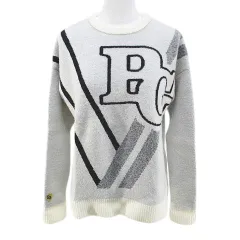 パーリーゲイツ PEARLY GATES ゴルフウェア 長袖 ニット セーター 0 白系 ホワイト 日本製 ロゴ 文字 刺繍 ワッペン 毛 ウール