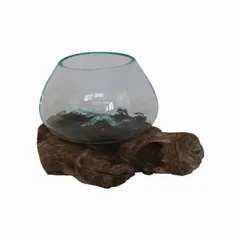 溶けたガラス＆天然木 の花瓶 フラワーベース SSサイズ 流木風 オブジェ アート 睡蓮鉢 すいれん鉢 金魚鉢 めだか鉢 メダカ鉢 ナチュラルティスト バリガラス 090451