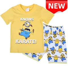 ✨新品✨ ミニオン パジャマ 子供用 半袖Tシャツ&ショートパンツ 上下セット 「KNOWS KARATE!」プリント 100%コットン 男の子 夏 部屋着 寝間着 肌触り良い 100-130サイズ展開 ベビーJoe キッズ 通気性抜群