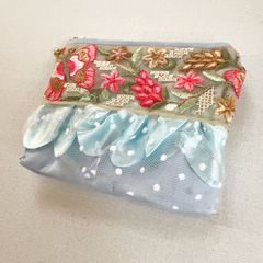 ☆ハンドメイド☆インド刺繍リボン＆フリル☆ミニポーチ☆水色☆