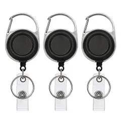 3 YOVOY 吊り下げ名札用リール リールクリップ リールストラップ 伸びる キーホルダー リール式 頑丈 リコイルリング カラビナクリップ付き 定期入れパスケース用 伸縮ストラップ?最長63cm IDカードホルダー用 黒 3