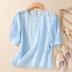 ブラウス 半袖 レディース カットソー パフスリーブ クルーネック 透け感 トップス 白ブラウス ベーシック シンプル ゆったり 大きいサイズ  カジュアル 夏服 可愛い きれいめ エレガント 春 夏yiren05