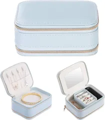 【人気商品】携帯用 ミニ アクセサリーケース 旅行用 鏡付き ジュエリーケース 持ち運び アクセサリー収納 ジュエリーボックス ピアス 収納 トラベル ネックレス 指輪置き HUACHENG ジュエリーバッグ 贈り物 可愛い (ライトブルー)