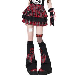 [LAVASEON] チェック柄 スカート パンク フリル ミニ丈 可愛い レディース 量産型 サブカルチャー 学院風 ティアードスカート 赤い Aライン 3層 森ガール ハイウエスト きれいめ おしゃれ チェーン飾り