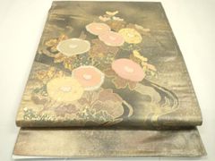 平和屋本店□極上 夏物 六通柄袋帯 紫陽花 黒地 金糸 三越扱い 逸品  