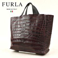 美品 FURLA フルラ イタリア製 牛革レザー クロコ型押し トートバッグ ハンドバッグ ワインレッド