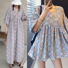 2A49 エスニック柄 パフスリーブ ワンピース 総柄 ワンピー ダマスク柄 イレヘム袖 総柄 ブラウス レディース ワンピース 体型カバー 産前産後兼用 可愛いワンピース ブラウス オシャレ 着痩せ 通勤 お出掛け ダマスク ロングワンピース レディース