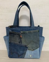 【ハンドメイド】 デニムジーンズ ワークシャツ リメイク パッチワーク トートバッグ No.33