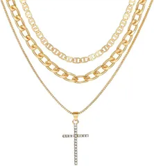 ROSELLA ゴールドネックレス 十字架 一体型 三連チェーン キュービックジルコニア 存在感あり プチプラ レディース アクセサリー チェーンアクセ 調整可能(ゴールド,  中)