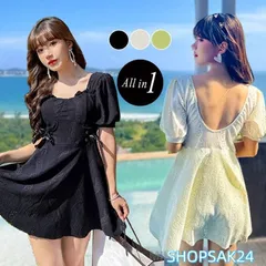 夏 ワンピース水着 レディース 体型カバー 半袖 オフショルダー 2way オールインワン かわいい 黒 レース風生地 穴 リボン レースアップ673