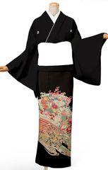 黒留袖 (お仕立て上がり) 袷 対応身長160cm前後 加賀友禅風：波に四季花 五つ紋：桔梗 101-MO-kaw0006
