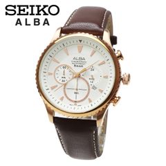 SEIKO セイコー ALBA アルバ AT3864X1 クロノグラフ クロノ クォーツ メンズ ビジネス アナログ 日付 カレンダー ホワイト ローズゴールド ピンクゴールド ブラウン レザーベルト 革ベルト 時計 腕時計 男性 多針