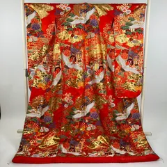 たんす屋 TANSU-YA 中古 リユース着物 打掛 朱赤 フォーマル 鶴 御所車 袷 絹 未洗い 【身丈】188cm【裄丈】67.5cm MS4936のサムネイル