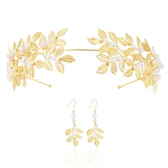 【数量限定】葉模様 髪飾り ウェディング セット ブライダル 花嫁 ティアラ ヘッドピース1枚とイヤリング１枚 おしゃれ エレガント レディス パーティー 卒業式 [BABEYOND] 誕生日 (セットB)