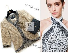 シャネル ジャケット カーディガン CHANEL 貴重 ベージュ ラッフル トリム 軽やか 優秀 ツイード カメリア フローラル コットン 裏地 36 38