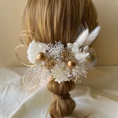 成人式☆振袖前撮り　髪飾りヘッドドレスヘッドパーツ　結婚式ウエディング　金箔水引　ホワイト　人気　再販　かすみ草　ドライフラワー