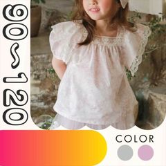 【送料無料】レースゆれる スクエアネックブラウス 女の子 ベビー キッズ 90 100 110 120 半袖 Tシャツ 韓国子供服 ハーフバースデー ベビー用品 ベビー服 韓国子供服 tシャツ ワンピース グレー ピンク