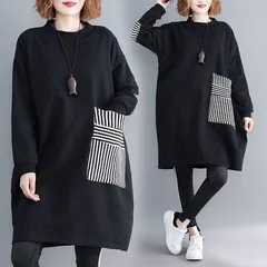 ワンピース チュニック【Lサイズ】ワンピ カットソー スウェット ミニ丈 ひざ丈 ラウンドネック 長袖 無地 ボーダー Iライン ゆったり 体型カバー コクーン 大人可愛い カジュアル 春夏 お出かけ レトロ