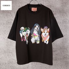 新品 CORISCO コリスコ 犬 プリント Tシャツ 半袖 メンズ レディース ユニセックス かわいい アニマル プリント カットソー 子犬 dog ３匹 バックプリント Tシャツ tee M L LL チャコール グレー 181927