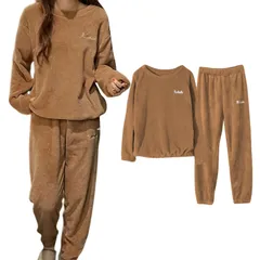 【新着商品】[Tiernyueth] ルームウエア レディース もこもこ 上下セット 長袖 トップス 2点セット クルーネック セットアップ パジャマ ふわふわな 肌触り 刺繍ロゴ 秋冬部屋着 ふわもこ 防寒 暖かい プレゼント ギフト 裏起毛 保温 柔らかい