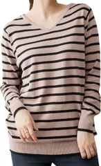 NEKORA Vネック ボーダー ニット 綿100 セーター トップス レディース カットソー 秋冬服 ドルマンスリーブ ニットセーター セクシー あたたか 韓国風 おおきいサイズ ニットワンピース( グレーベージュブラック,  LL-3L)