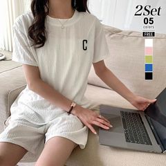 セットアップ 即購入OK レディース ルームウェア セット 部屋着 tシャツ 半袖 ハーフパンツ ショート パンツ 短パン トップス ボトムス 上下セット カットソー ロゴ c クルーネック 涼しい 薄手 透け感 xzzongsi78