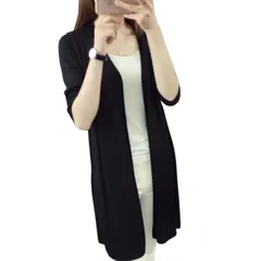 [LL FIERTE] カーディガン レディース ロング 秋 薄手トップス 羽織り 七分袖 前開き 無地 カジュアル (M,ブラック) [ブラック] [M]