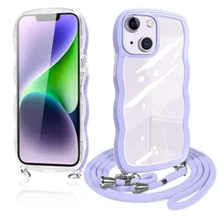 iPhone 14 Plus ケース ショルダー クリア いphone14 Plus スマホケース 透明 TPU カバー ストラップ付き 肩掛け 首掛け 紐付き 斜めがけ 創意 個性 可愛い かわいい 韓国 耐衝撃 アイフォン14plus(クローブ 紫)
