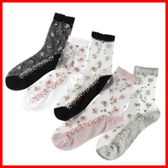 夏 シースルー 花柄 レースソックス かわいい レディース くつした 女性用 おしゃれ 通気 極薄 透明 クルーソックス 靴下 夏用 涼しい くつ下 大きめ 22-25cm (5足セット)