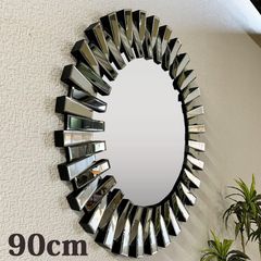 ミラー 壁掛け鏡 鏡 90cm 壁掛けミラー 丸型 おしゃれ ゴージャス リビングミラー シルバー オブジェ 丸鏡 現品限り 61112