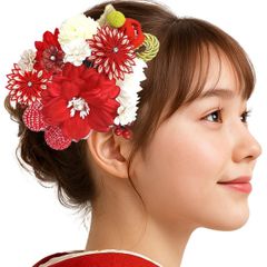 【在庫】[京都うさぎ堂] 髪飾り ３点セット kk-055 赤 レッド 髪飾り ２点セット ピンク ホワイト 花 かんざし つまみ細工 コーム型 振袖 成人式 卒業式 結婚式 七五三 袴 和装