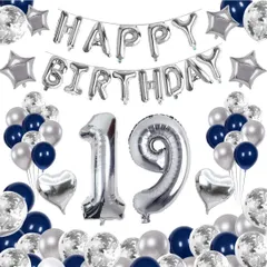 【数量限定】64枚 19歳 誕生日 飾り付け 風船セット 数字バルーン 組み合わせ 「HAPPY BIRTHDAY」ランド ハート風船 紙吹雪風船 ドットシール 装飾 パーティー お祝い サプライズ シルバー＆ブラック 男の子 女の子