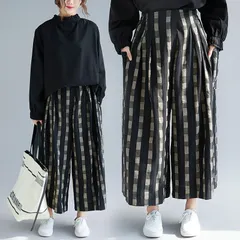 ワイドパンツ レディース チェック 秋 リネン風 パンツ ガウチョパンツ 春 秋 夏 大きいサイズ ウエストゴム ハイウエスト 着痩せ 体型カバー ゆったり 美脚 chaoliu250