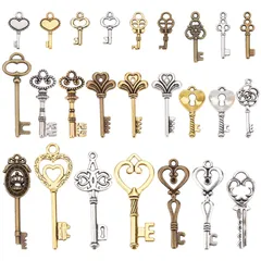 SUNNYCLUE　75個25種　バレンタイン　チャーム　バレンタインデー　チャーム　鍵　チャーム　魔法の鍵　ペンダント　かぎ　ペンダント　キー　パーツ　カギ　ピアス　鍵形　イヤリング　ハート　キーオーナメント　ネックレス　ミックス　 アンティーク