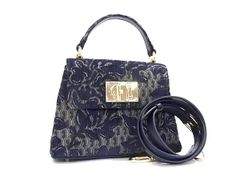 FURLA フルラ ハンドバッグ 1927 ミニ トップハンドル WB00109 ネイビー系 ビスコース×レザー レディース 2WAY ショルダーバッグ ゴールド金具 超美品【本物保証】 FURLA フルラ ハンドバッグ 1927 ミニ トップハンドル WB00109