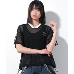 新品　RiCO SUCRE（リコシュクレ）メッシュ裾ドローコードTシャツ  150cm 160cm 黒　ブラックトップス 半袖 子供服 女の子 小学生 中学生