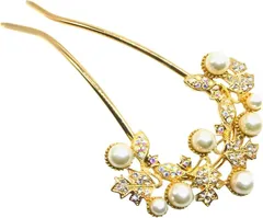 Miaomyao ミャオミャオ 簪 かんざし バチ型 和装 留袖 着物 髪飾り 金属 アンティーク メープル リーフ フラワー 花 パール ジルコニア U字 コーム ヘアアクセサリー(Pinkgold,  大きめ)